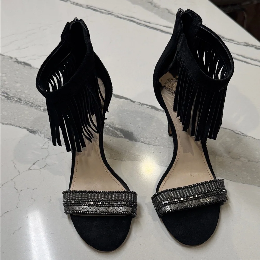 Vince Camuto Black Fringe Heels with Silver Accents Size 8.5 3” Heel - Picture 1 of 7